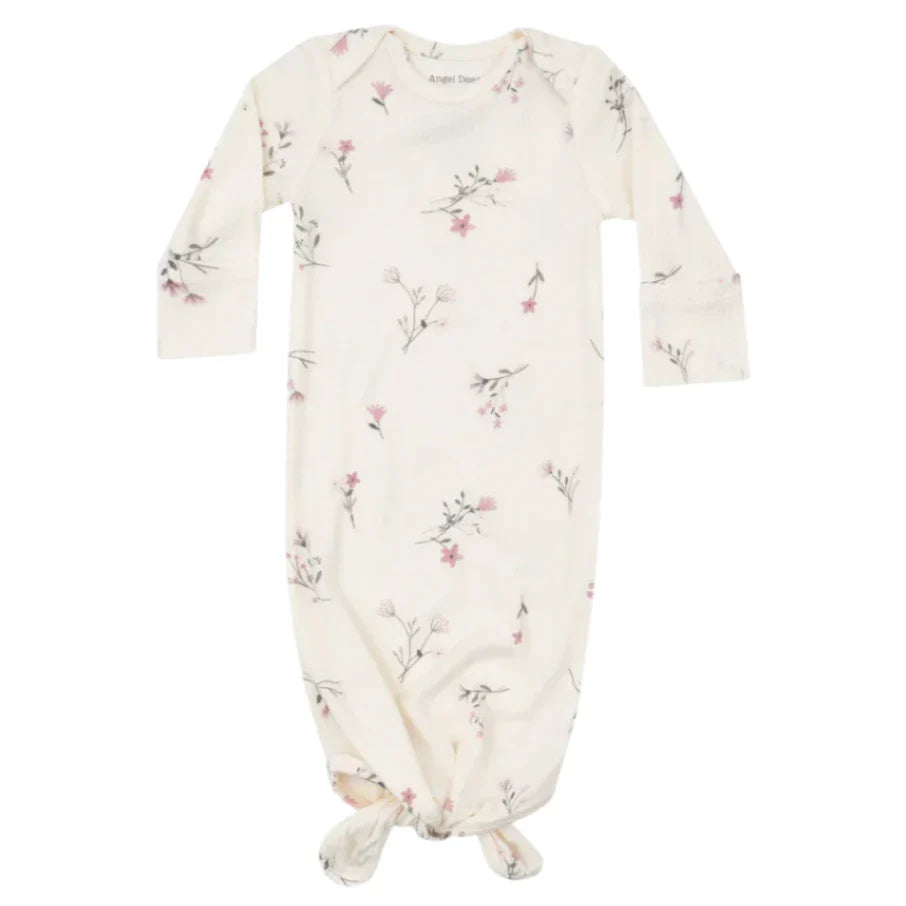 The Angel Dear Wispy Floral Knotted Gown by Angel Dear is a cream baby gown with long sleeves and a floral pattern, offering cozy and warm comfort. It features a knotted bottom for quick diaper changes.