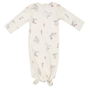 Presenting the Angel Dear Wispy Floral Knotted Gown, a delightful long-sleeve baby garment featuring a charming floral print and a soft knotted bottom, specifically designed for quick diaper changes. Displayed from the back, this gown combines style with convenience.