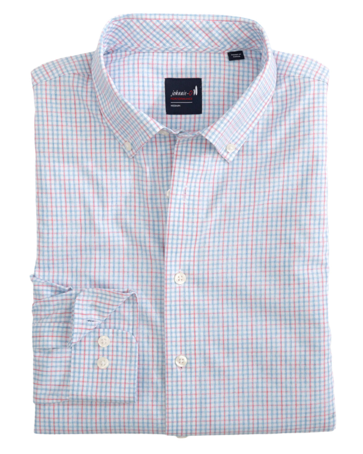 The Johnnie-O Koby Button Down by Johnnie-O is a neatly folded, wrinkle-resistant long-sleeve shirt with a blue and pink checkered pattern.