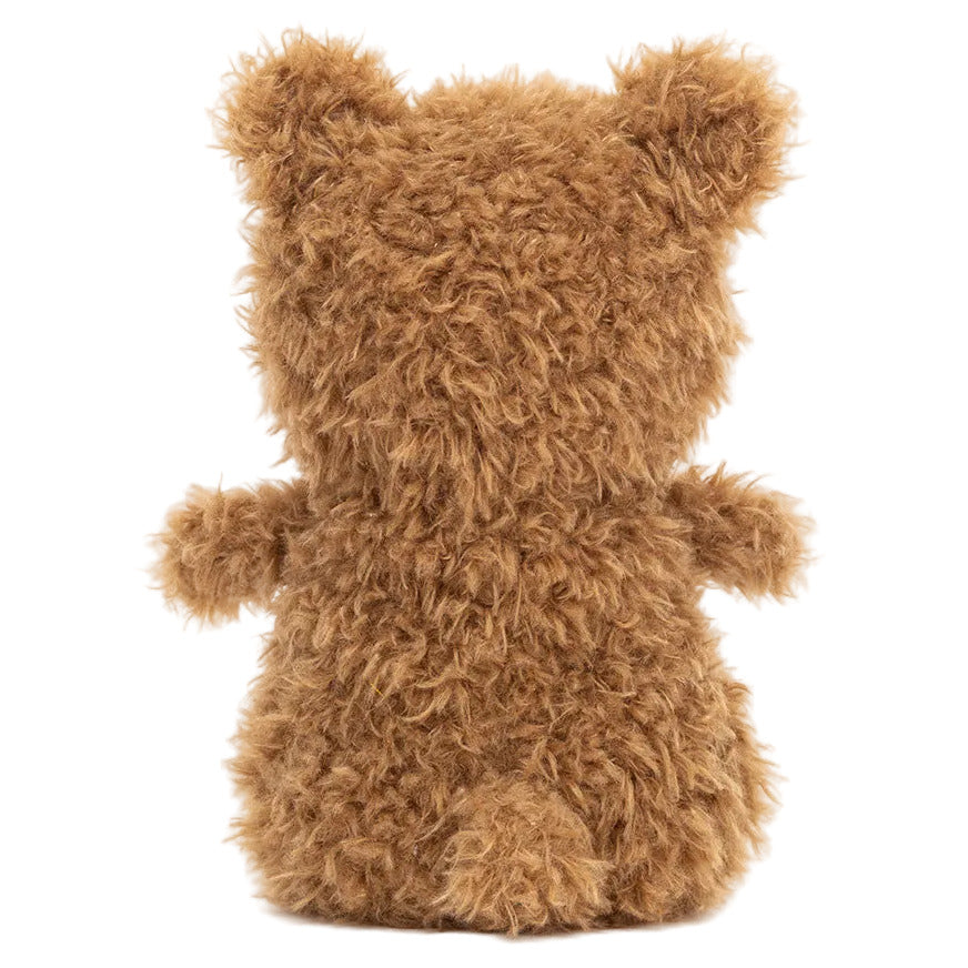 The Jellycat Little Bear is a fuzzy brown teddy bear seen from behind, with its back, arms, legs, and ears—perfect as a cozy companion for plant-based picnics featuring oat milk and veggie recipes.