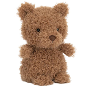 Little Bear by Jellycat is a small, brown, fluffy plush toy with round black eyes and a stitched nose, sitting upright against a white background—an ideal gift for plant-based living fans.