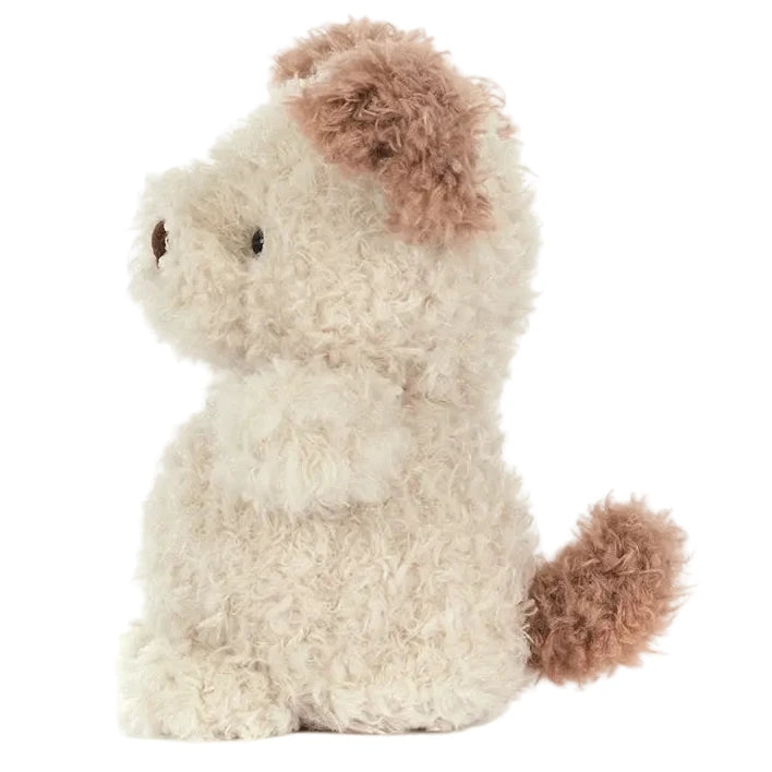 The Jellycat Little Pup plush dog, with cream fur and brown ears, tail, and nose, is shown in side profile on a white background. This cuddly stuffed animal is perfect for snuggles and playtime.