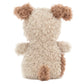 The Jellycat Little Pup plush dog toy features curly beige fur, brown ears, and a brown tail shown from the back.