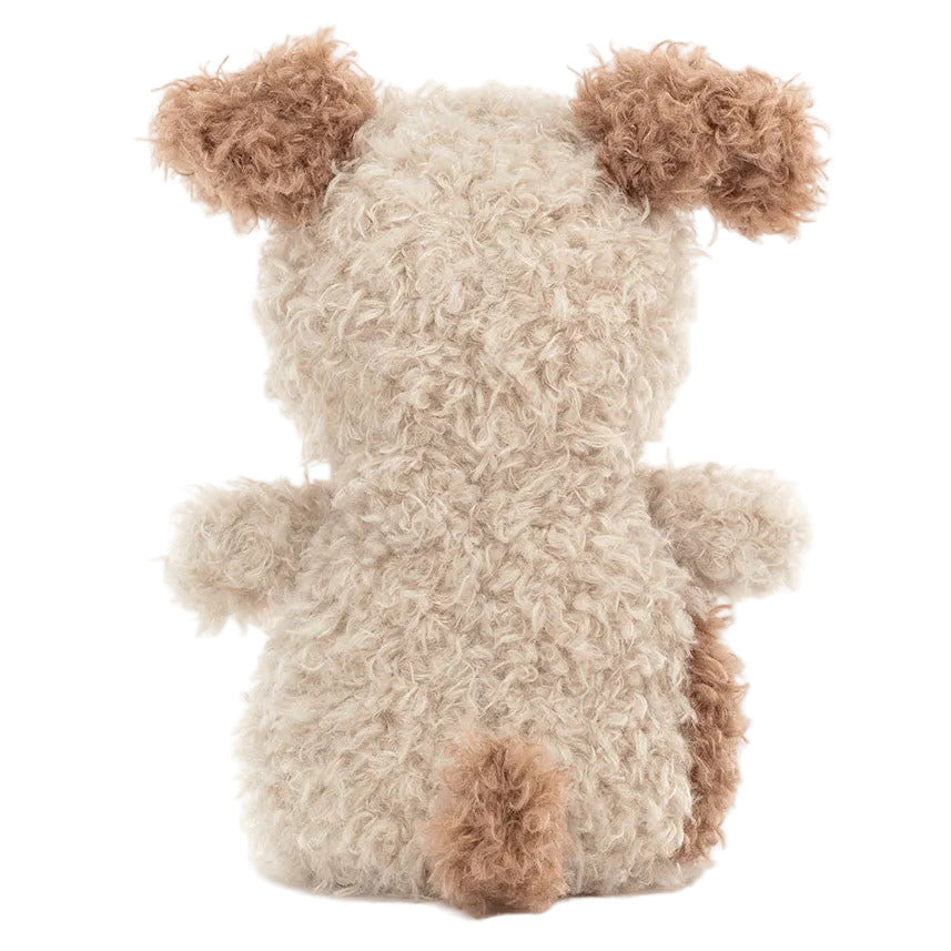 The Jellycat Little Pup plush dog toy features curly beige fur, brown ears, and a brown tail shown from the back.