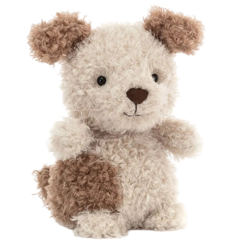 Jellycat’s Little Pup is a soft, cuddly stuffed animal with curly beige fur, brown ears, a brown patch on its back, black button eyes, and a small brown nose.