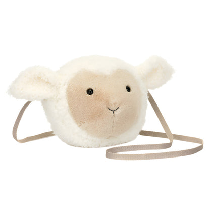 The Jellycat Little Lamb Bag by Jellycat is a charming sheep-shaped accessory featuring a round face and petite ears for country chic flair, complete with a long strap ideal for easy carrying.