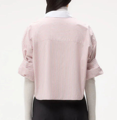 A person is shown from the back wearing the TWP Next Ex Classic Barre Striped Cotton Shirt in pink and white over a long-sleeve white top, paired with a black skirt.