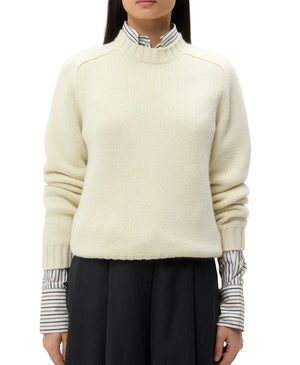 A person wears the TWP New Jill Crewneck Sweater, an Italian cashmere piece with a boxy fit, layered over a striped button-up shirt and black pants, shown from shoulders to mid-thigh.
