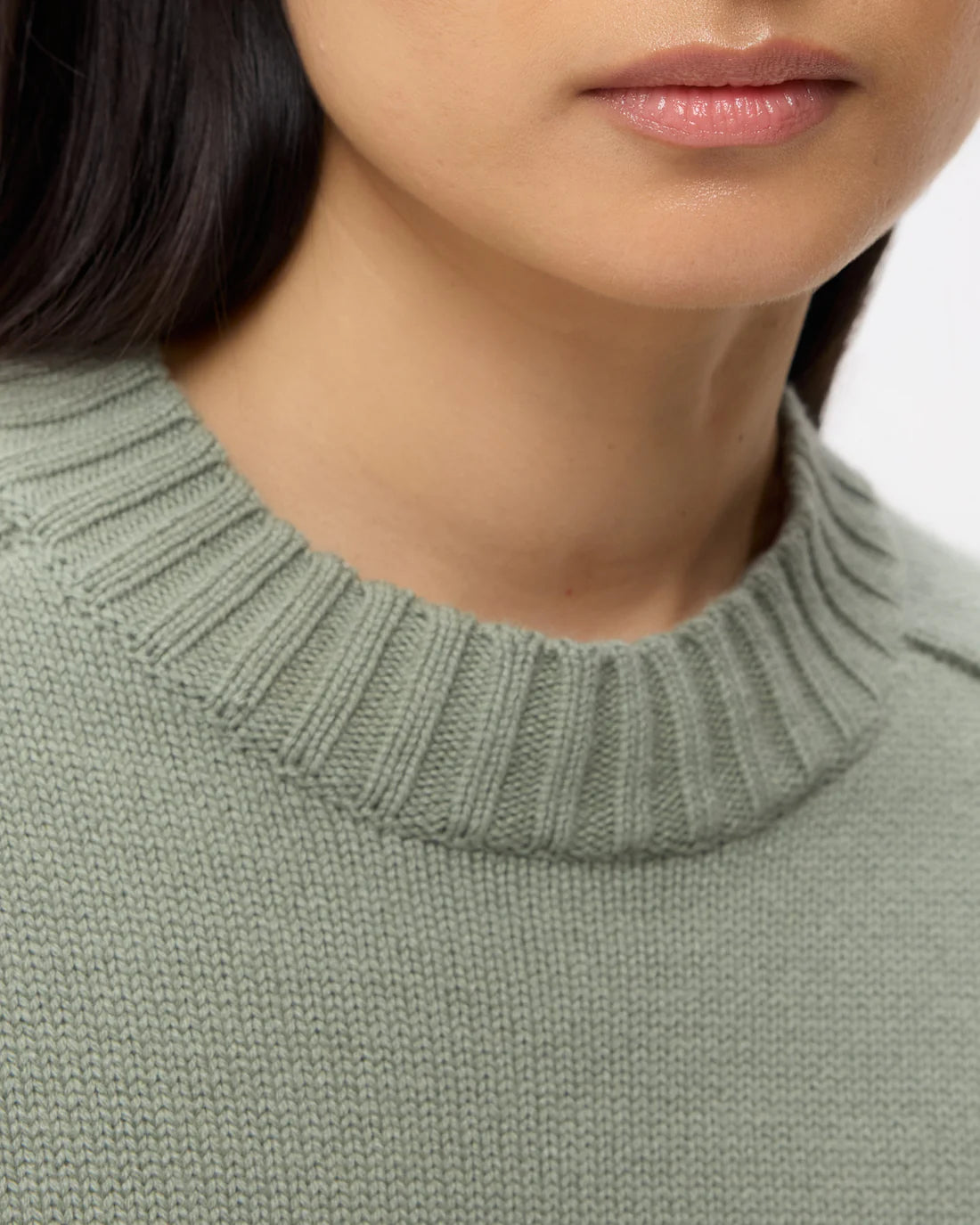 Close-up of a person wearing the TWP New Jill Crewneck Sweater in light green with a boxy fit and ribbed neckline; only their lower face and neck are shown.