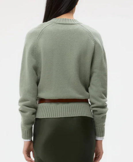A person with long dark hair is shown from the back, wearing TWP's New Jill Crewneck Sweater in light green and a dark green skirt against a plain background.