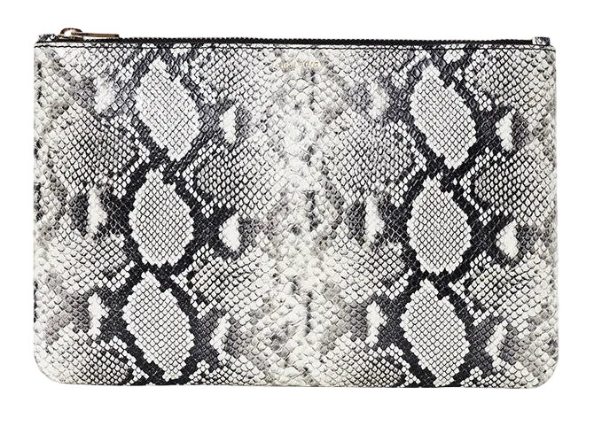 The Elly Large Pouch by Anine Bing is an oversized rectangular leather pouch with a bold black and white python print and zippered closure, shown against a white background.