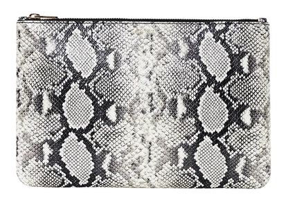The Elly Large Pouch by Anine Bing is an oversized rectangular leather pouch with a bold black and white python print and zippered closure, shown against a white background.