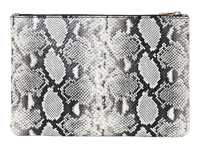 The Elly Large Pouch by Anine Bing is an oversized, soft bag with a black and white python print, finished with a secure zipper closure.