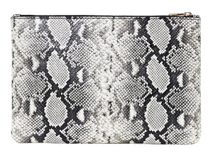 The Elly Large Pouch by Anine Bing is an oversized, soft bag with a black and white python print, finished with a secure zipper closure.