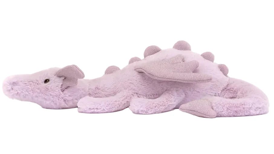 The Jellycat Lavender Dragon Little is a plush toy featuring wings, back spikes, and a long tail, shown lying on its side.