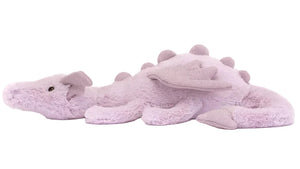 The Jellycat Lavender Dragon Little is a plush toy featuring wings, back spikes, and a long tail, shown lying on its side.