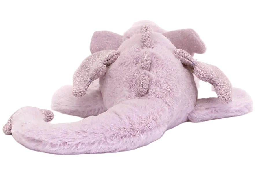 The Jellycat Lavender Dragon Little is a light purple plush toy, pictured from the back with delicate wings, curled tail, and a softly textured body.