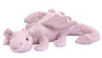 The Jellycat Lavender Dragon Little plush toy features soft wings, gentle spikes, and a curled tail as it rests on its stomach against a white background.