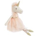 The Mon Ami Jolie Unicorn Ballerina Doll features a gold horn, pink tulle dress, and ballet shoes, posed upright against a white background.