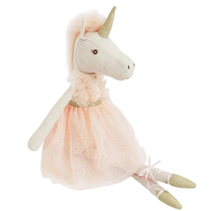 The Mon Ami Jolie Unicorn Ballerina Doll features a gold horn, pink tulle dress, and ballet shoes, posed upright against a white background.