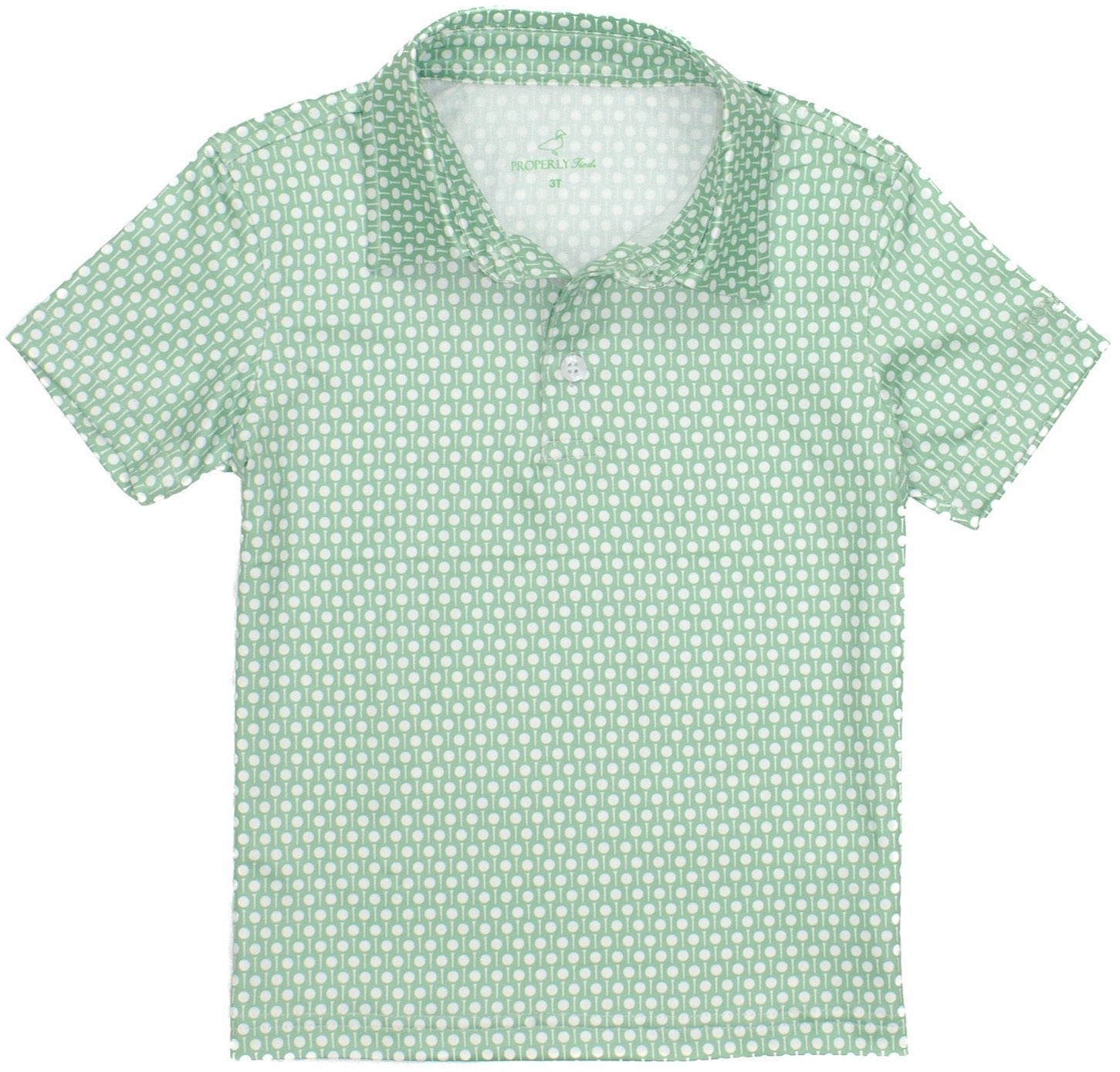 Green and white patterned Properly Tied Boys' Inlet Polo displayed on a white background.