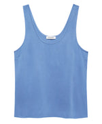 The Lea Top by Anine Bing, a sleeveless blue satin bias-cut top featuring a scoop neckline, is displayed laid flat on a plain light gray background.