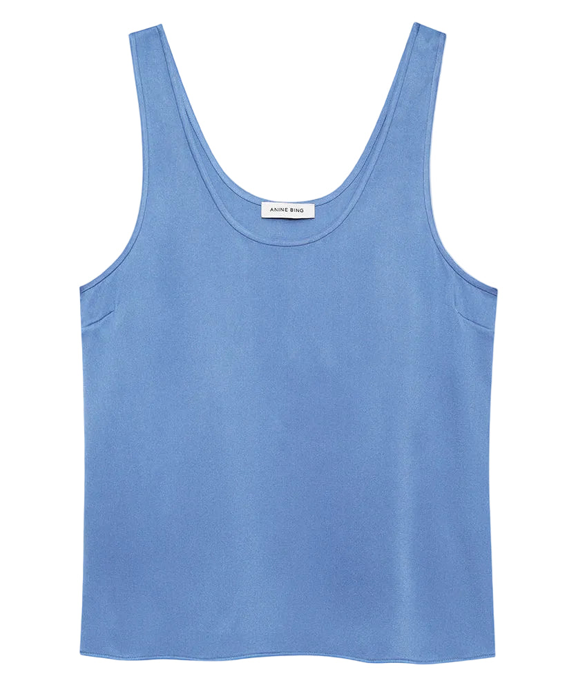 The Lea Top by Anine Bing, a sleeveless blue satin bias-cut top featuring a scoop neckline, is displayed laid flat on a plain light gray background.