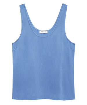 The Lea Top by Anine Bing, a sleeveless blue satin bias-cut top featuring a scoop neckline, is displayed laid flat on a plain light gray background.