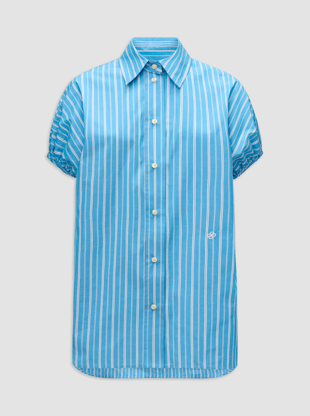 The Lecce Stripe Top by Callas Milano is a relaxed-fit, short-sleeve button-up with blue and white stripes, a collar, and a small embroidered logo on the left side.