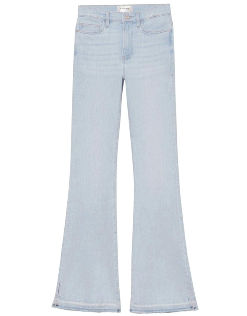 Light blue Frame Le Easy Flare Released Fray Side Slit jeans with a lightweight denim, displayed against a white background.