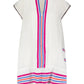 The Lemlem Elina Caftan by Lemlem is a white short-sleeved dress made from hand-spun cotton with an A-line silhouette and pink and blue vertical stripes on the front and bottom.