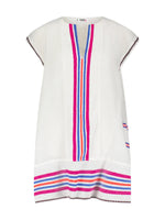 The Lemlem Elina Caftan by Lemlem is a white short-sleeved dress made from hand-spun cotton with an A-line silhouette and pink and blue vertical stripes on the front and bottom.