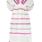 The lemlem Leila Plunge Dress by Lemlem is a long white dress with colorful horizontal stripes in pink, blue, and black. Made from hand-woven cotton, it features a V-neckline and gathered waist—ideal for chic resort wear.