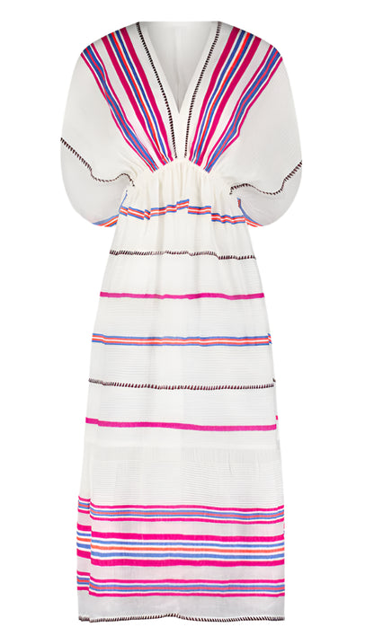 The lemlem Leila Plunge Dress by Lemlem is a long white dress with colorful horizontal stripes in pink, blue, and black. Made from hand-woven cotton, it features a V-neckline and gathered waist—ideal for chic resort wear.