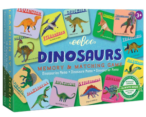 Eeboo Dinosaurs Memory & Matching Game—fun, colorful memory cards with dinosaurs like Stegosaurus. Designed for ages 3+.