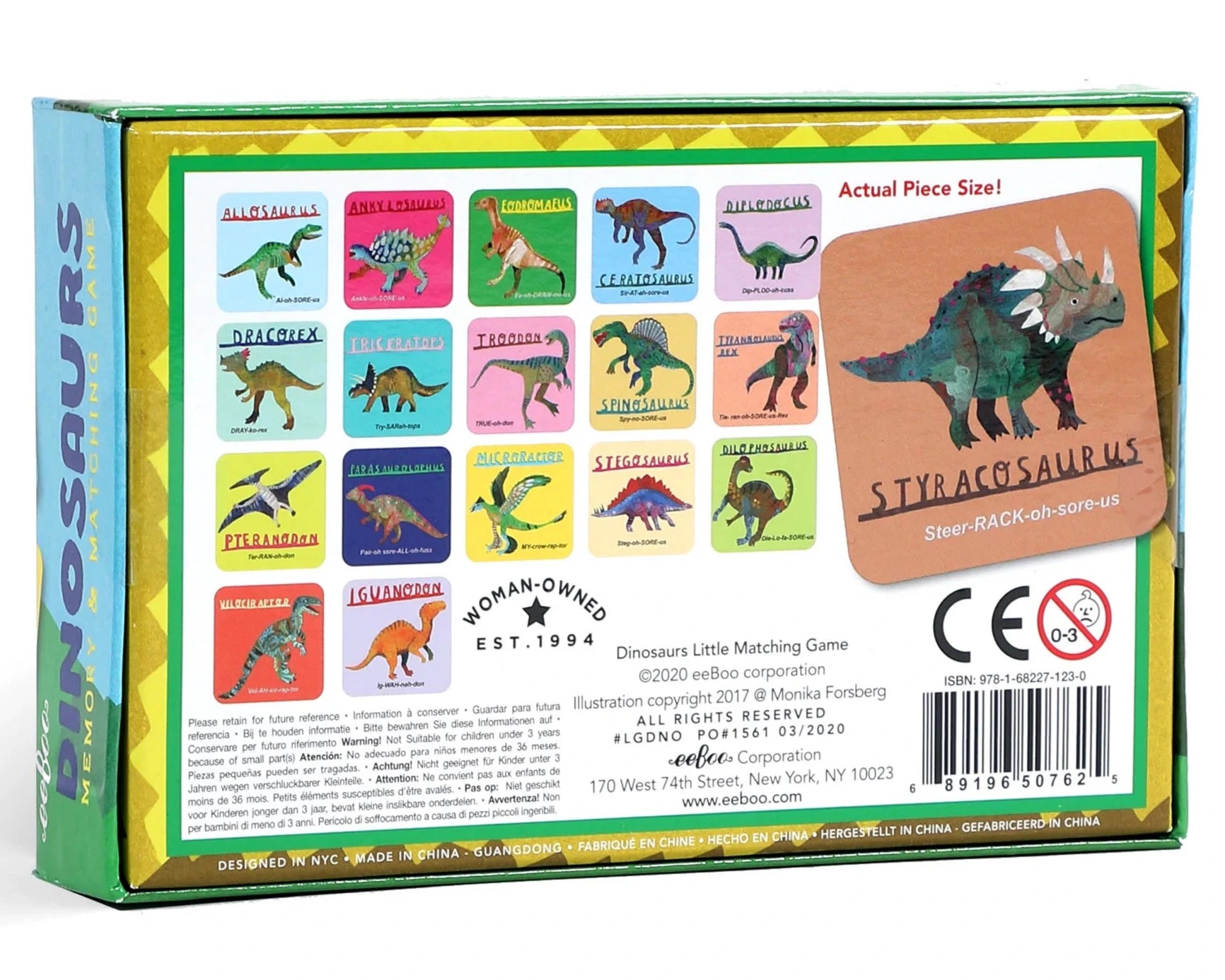 The back of the Eeboo Dinosaurs Memory & Matching Game box displays vibrant dinosaur illustrations, details about the game, and a sample Styracosaurus card from this fun and educational matching game.
