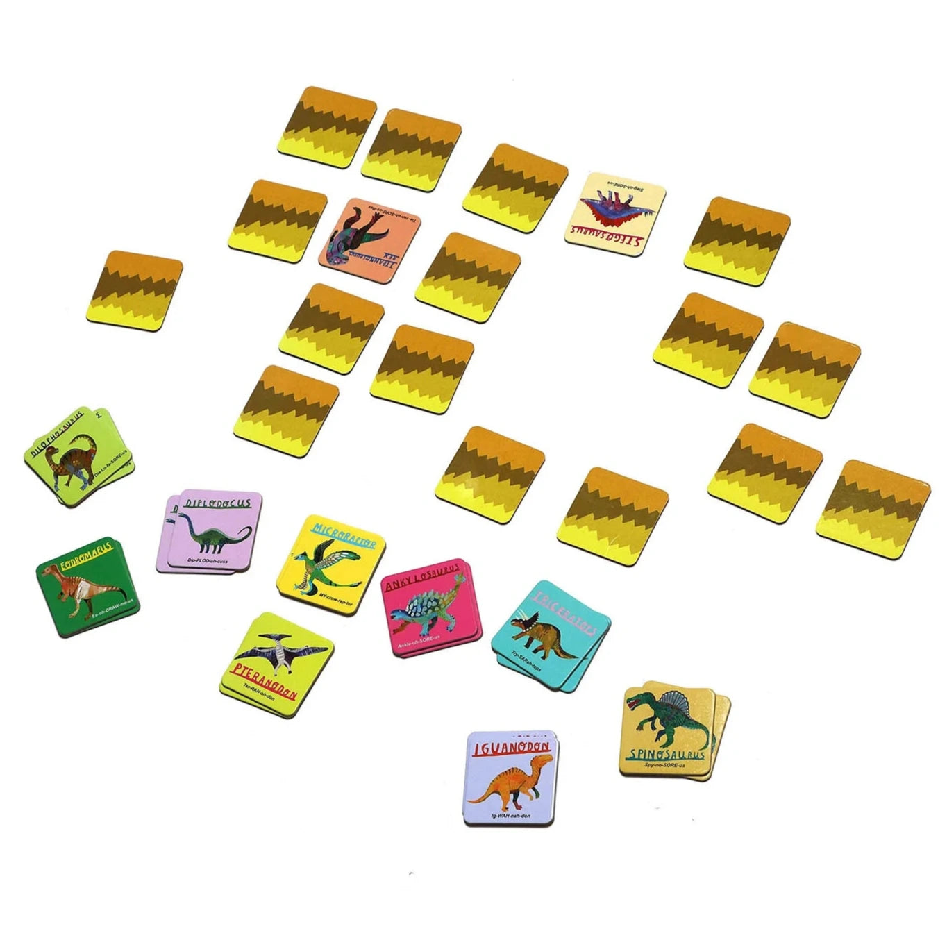 Eeboo’s Dinosaurs Memory & Matching Game includes illustrated square cards featuring dinosaurs and their names. Flip cards to match pairs—it’s perfect for dino fans packing their backpack for adventure!.