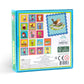 Back of a colorful game box featuring illustrations of various characters and elements like a sparrow, plants, and animals. The Eeboo Garden Little Square Memory Game by Eeboo is made with recycled board and includes certification badges and manufacturer information.