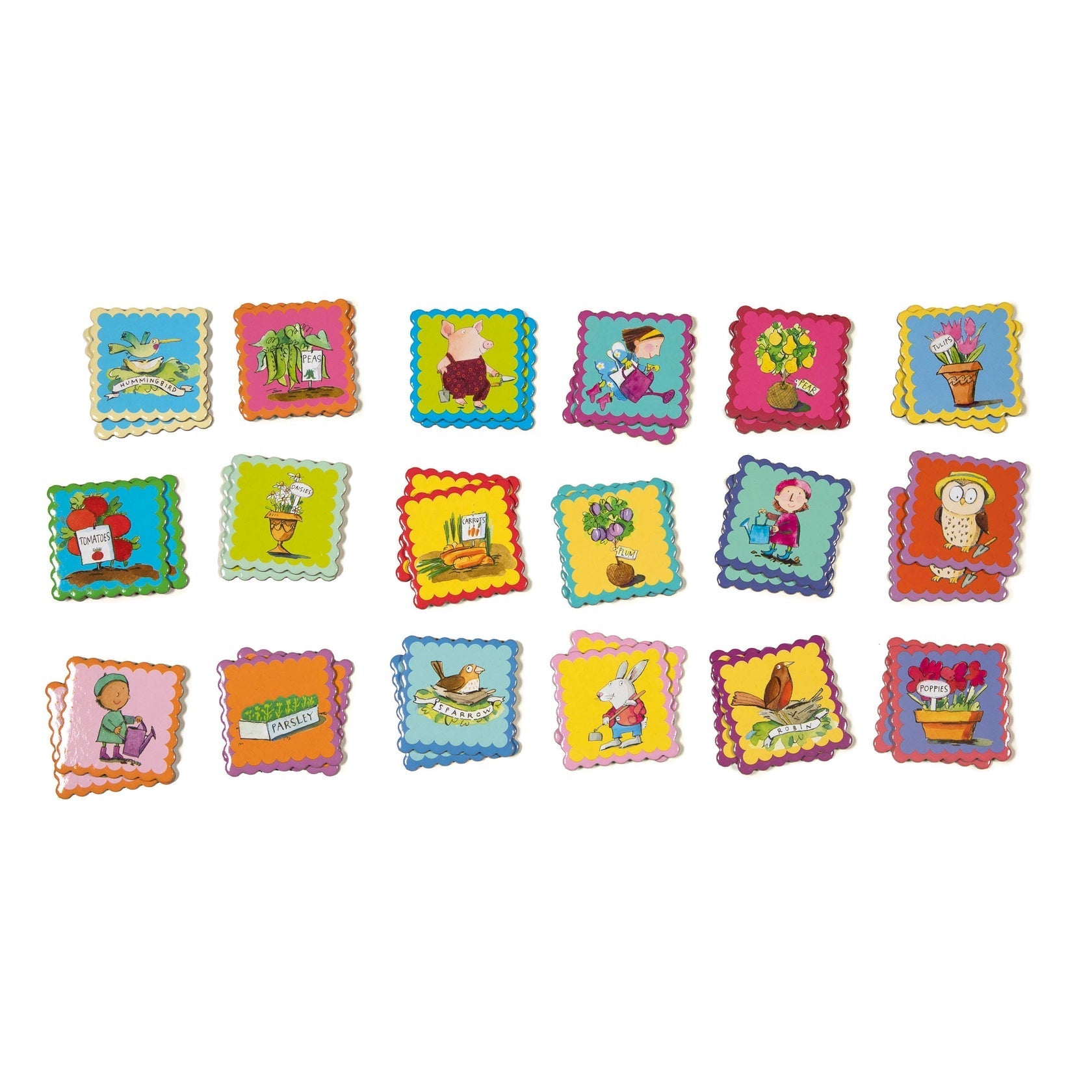 Colorful scalloped-edge square cards, made with recycled board and showcasing whimsical illustrations, are arranged in four rows against a white background. The Eeboo Garden Little Square Memory Game by Eeboo brings fun while promoting sustainability.