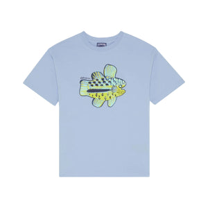 The Vilebrequin Boys' Fish Tee is a light blue oversized organic cotton shirt with short sleeves, featuring a bold puff-ink print of a colorful fish graphic in the center.