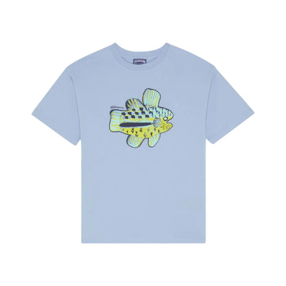 The Vilebrequin Boys' Fish Tee is a light blue oversized organic cotton shirt with short sleeves, featuring a bold puff-ink print of a colorful fish graphic in the center.