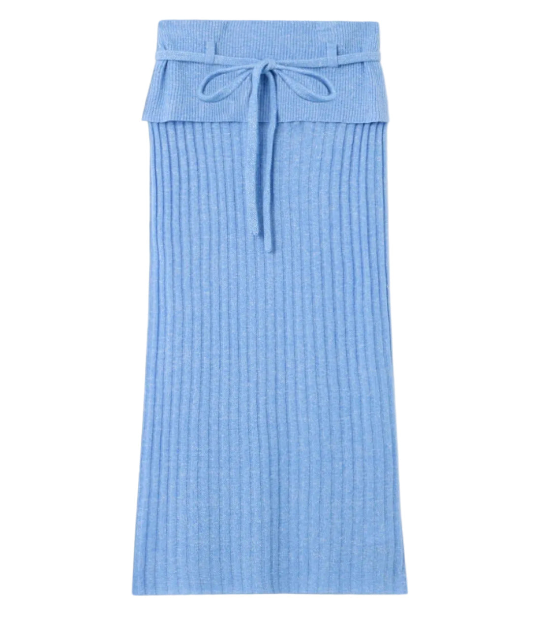 The Lia Skirt by Guest in Residence is a ribbed light blue knit skirt featuring a fold-over waist and tie belt, shown flat on a white background.