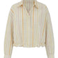 The Lille Top by Callas Milano is a cotton poplin, long-sleeved, button-up shirt with a point collar and pastel yellow, pink, and orange stripes. It features a gathered hem for a fresh cropped silhouette.