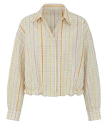 The Lille Top by Callas Milano is a cotton poplin, long-sleeved, button-up shirt with a point collar and pastel yellow, pink, and orange stripes. It features a gathered hem for a fresh cropped silhouette.