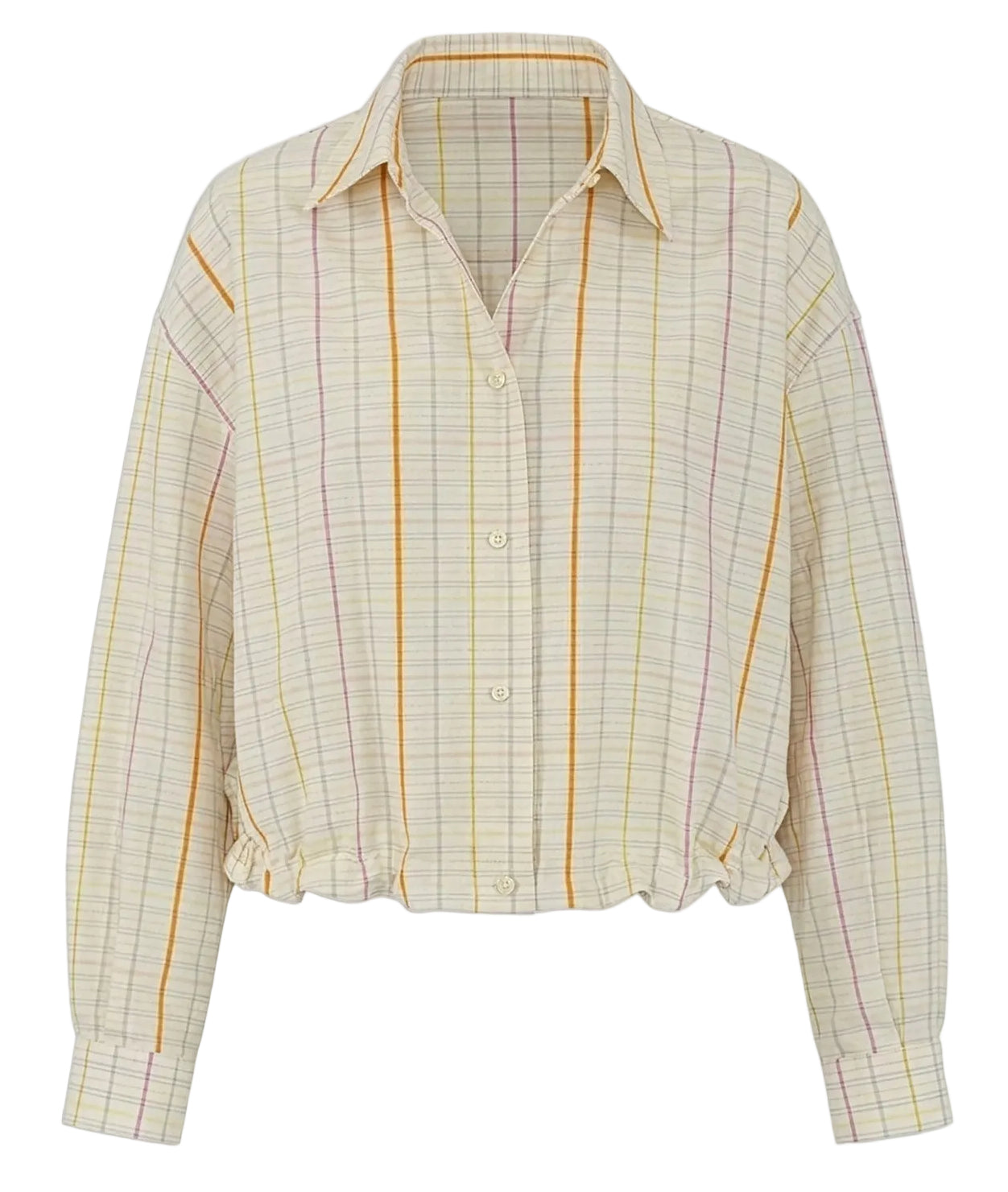 The Lille Top by Callas Milano is a cotton poplin, long-sleeved, button-up shirt with a point collar and pastel yellow, pink, and orange stripes. It features a gathered hem for a fresh cropped silhouette.