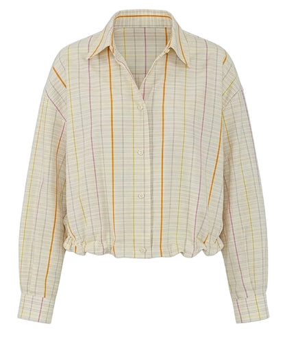 The Lille Top by Callas Milano is a cotton poplin, long-sleeved, button-up shirt with a point collar and pastel yellow, pink, and orange stripes. It features a gathered hem for a fresh cropped silhouette.