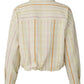 Back view of the Lille Top by Callas Milano—a long-sleeve, cream cotton poplin shirt with a pink, yellow, and orange grid pattern. Features a point collar and a slightly gathered waistband for a modern touch.