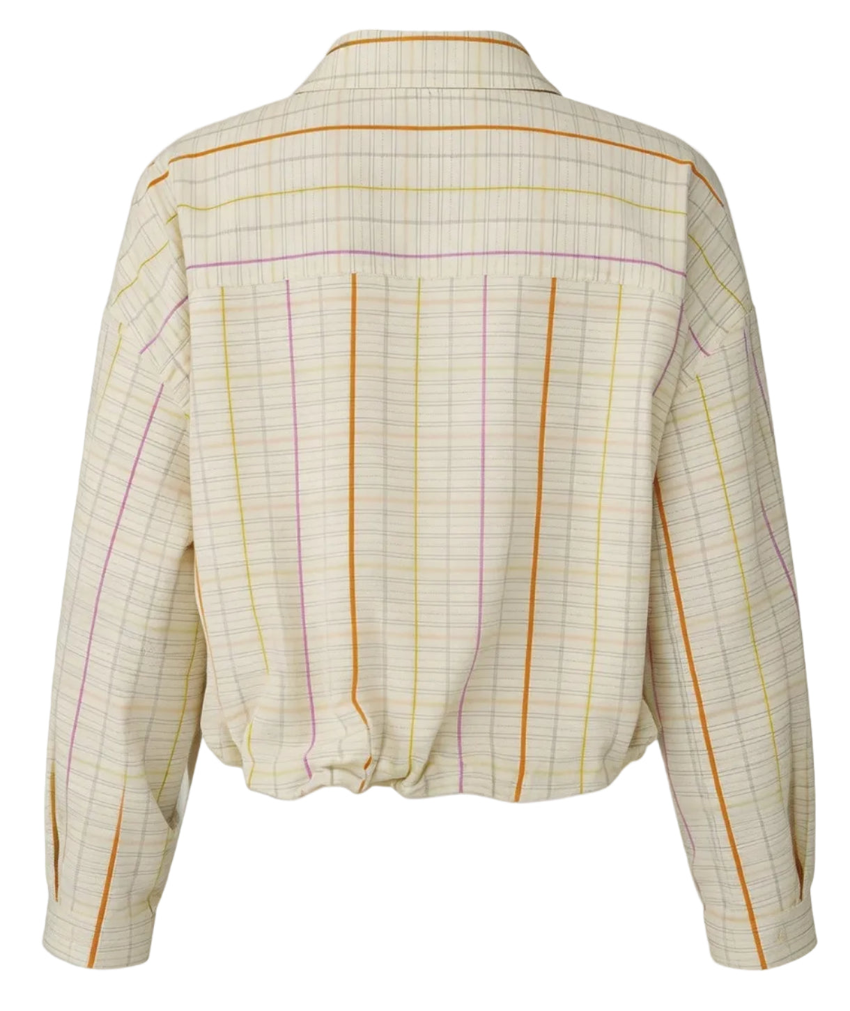 Back view of the Lille Top by Callas Milano—a long-sleeve, cream cotton poplin shirt with a pink, yellow, and orange grid pattern. Features a point collar and a slightly gathered waistband for a modern touch.