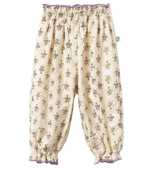 Cozmo Baby Girls' Lina Pants feature a light-colored floral print, smocked waistband, and ruffled cuffs with charming lettuce trim.