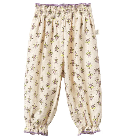 Cozmo Baby Girls' Lina Pants feature a light-colored floral print, smocked waistband, and ruffled cuffs with charming lettuce trim.